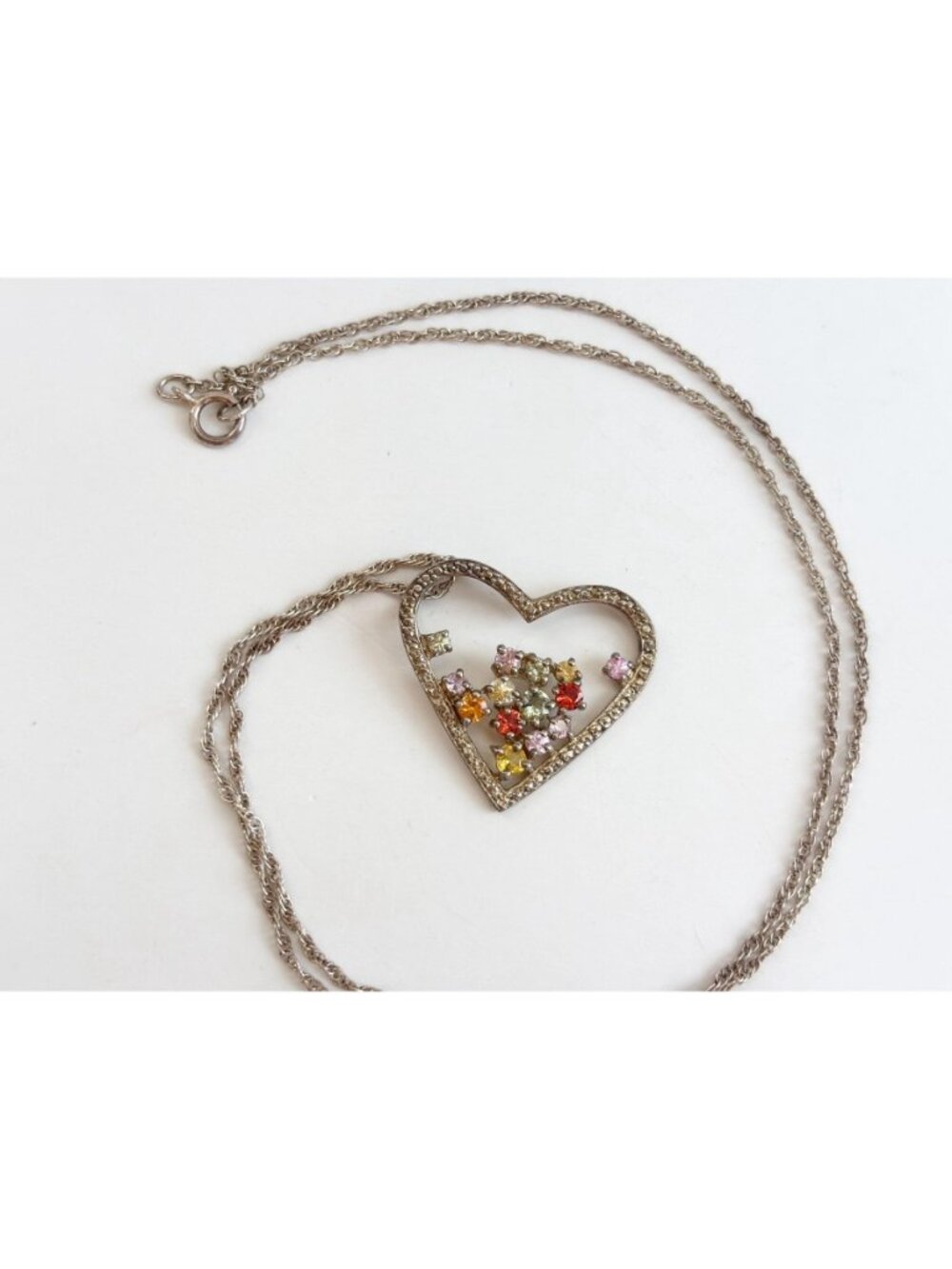 Rainbow Gemstone Heart Shaped Sterling Silver 925 Vintage Pendant Necklace - 18" - Picture 16 of 16
